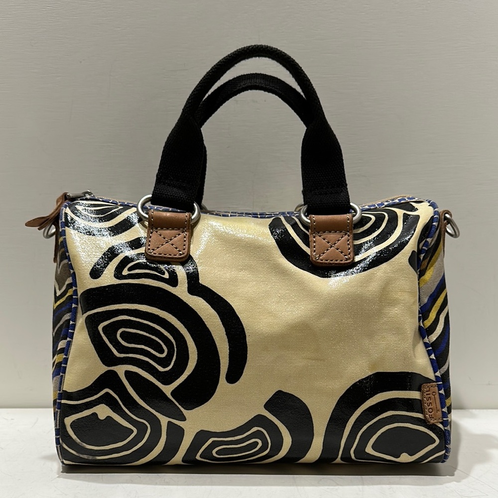 FOSSIL KEY PER Women's Black and Cream Coated Canvas Satchel